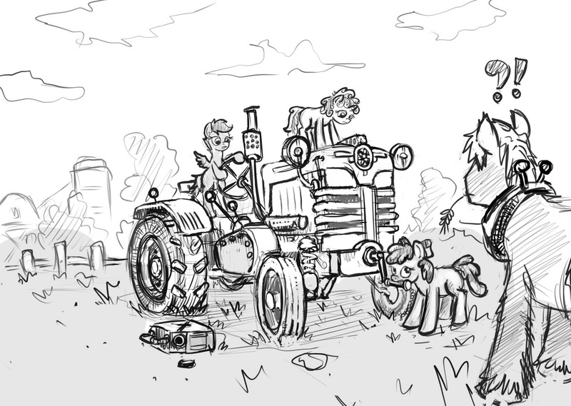Size: 1252x890 | Tagged: safe, artist:agm, derpibooru import, apple bloom, big macintosh, scootaloo, sweetie belle, earth pony, pony, cutie mark crusaders, male, stallion, tractor