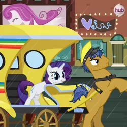 Size: 548x549 | Tagged: safe, derpibooru import, pronto, rarity, earth pony, pony, unicorn, rarity takes manehattan, background pony, carriage, facebook, female, heart, hub logo, hub network, male, manehattan, mare, rearing, saddle row, stallion, taxi, taxi pony, the hub