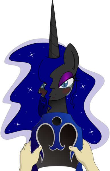 Size: 6443x10000 | Tagged: safe, artist:salemcat, artist:zev, derpibooru import, nightmare moon, alicorn, human, pony, :o, absurd resolution, bedroom eyes, blushing, comforting, crying, eyeshadow, female, helmet, lidded eyes, looking at you, makeup, mare, open mouth, pov, simple background, solo focus, transparent background, vector