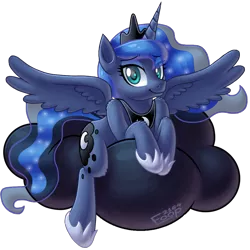 Size: 990x990 | Tagged: safe, artist:freezyfoop, derpibooru import, princess luna, alicorn, pony, cloud, cute, female, fluffy, leg fluff, looking at you, lunabetes, lying, lying down, mare, prone, shoulder fluff, simple background, smiling, solo, spread wings, straddling, transparent background, wings