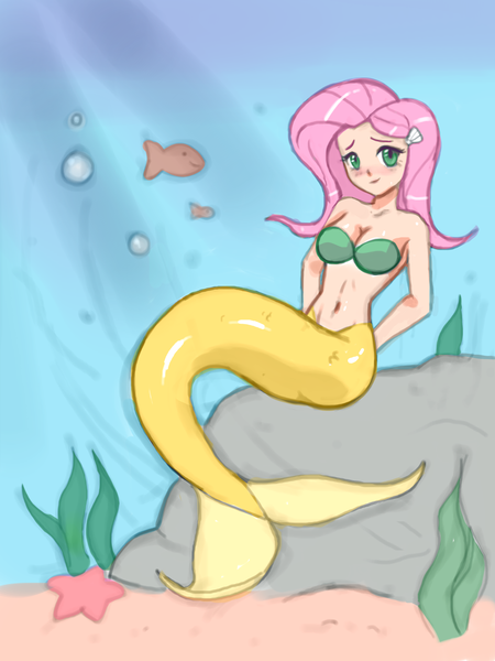 Size: 1972x2628 | Tagged: artist:coralwhite, belly button, breasts, cleavage, colored, derpibooru import, female, fish, fluttershy, human, humanized, light skin, mermaid, mermaidized, midriff, seapony fluttershy, sketch, solo, solo female, species swap, suggestive, underwater, watershy