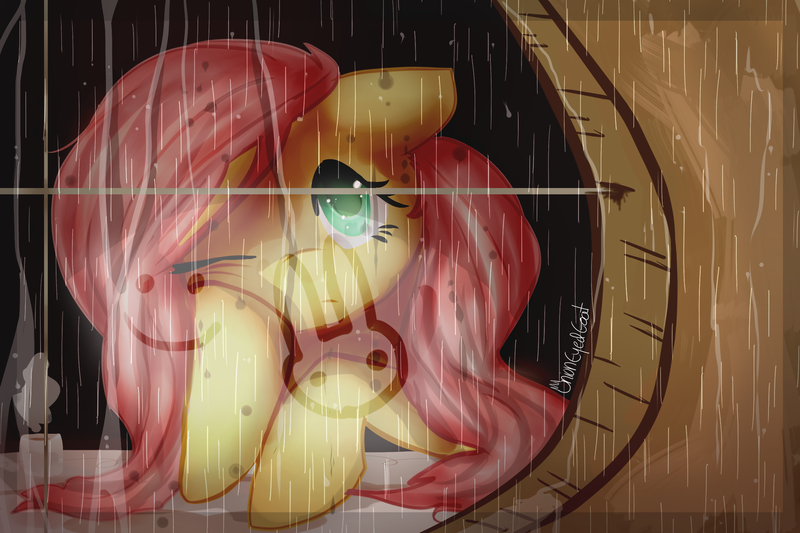 Size: 2160x1440 | Tagged: safe, artist:onion-eyed-goat, derpibooru import, fluttershy, pegasus, pony, bust, female, hoof on cheek, looking out the window, mare, misted glass drawing, one eye closed, rain, solo, window