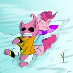 Size: 800x800 | Tagged: safe, artist:artybeat, derpibooru import, pinkie pie, pony, crossover, dragon ball z, fun, majin buu, play, snow, winter