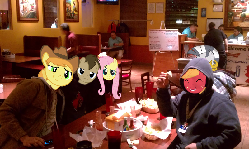 Size: 3264x1952 | Tagged: safe, artist:videogamehunter, derpibooru import, big macintosh, braeburn, doctor whooves, fluttershy, time turner, zecora, ponified, earth pony, pony, zebra, cheese, friends, irl, male, nachos, photo, photoshop, restaurant, stallion