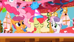 Size: 969x545 | Tagged: apple bloom, cutie mark crusaders, derpibooru import, hat, party hat, party horn, pinkie pie, safe, scootaloo, screencap, streamers, sugarcube corner, sweetie belle, the cutie pox