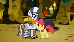 Size: 969x545 | Tagged: safe, derpibooru import, screencap, apple bloom, zecora, earth pony, pony, zebra, the cutie pox, duo, ear piercing, earring, female, filly, jewelry, leg rings, mare, neck rings, nuzzling, piercing, zecora's hut