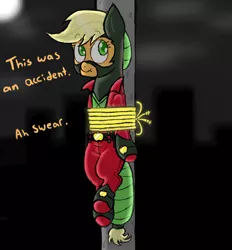 Size: 950x1025 | Tagged: safe, artist:ichibangravity, derpibooru import, applejack, mistress marevelous, earth pony, pony, power ponies (episode), accent, bondage, female, liar face, liarjack, mare, power ponies, scrunchy face, solo