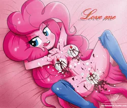 Size: 976x834 | Tagged: suggestive, artist:the-butch-x, derpibooru import, pinkie pie, equestria girls, armpits, bed, bedroom eyes, belly button, blushing, breasts, cherry, chocolate sauce, clothes, female, food, foodplay, imminent yeast infection, kneesocks, lace, looking at you, love me x, messy, nudity, on back, sexy, solo, solo female, spread legs, sprinkles, stockings, strategically covered, sultry pose, tongue out, underass, whipped cream