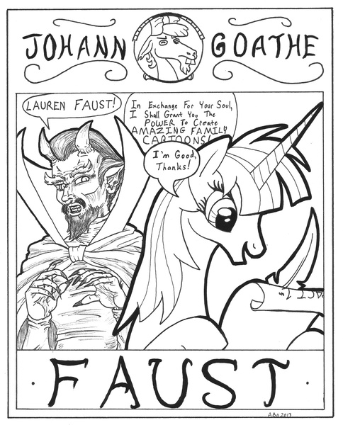 Size: 967x1200 | Tagged: artist:abronyaccount, derpibooru import, faust, faustian pact, goat, lauren faust, lineart, mephisto, monochrome, oc, oc:fausticorn, safe, unofficial characters only