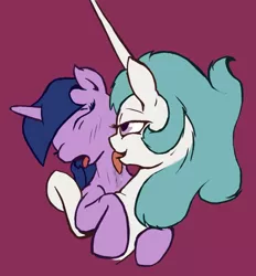 Size: 594x639 | Tagged: suggestive, artist:untiltheballoons, derpibooru import, princess celestia, twilight sparkle, bedroom eyes, drool, eyes closed, female, grooveless horn, hug, lesbian, licking, open mouth, shipping, smiling, tongue out, twilestia