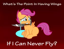 Size: 1650x1275 | Tagged: semi-grimdark, artist:vincentthecrow, derpibooru import, scootaloo, pegasus, pony, crying, despair, female, filly, knife, mouth hold, sad, scootabuse, scootaloo can't fly, self harm, solo