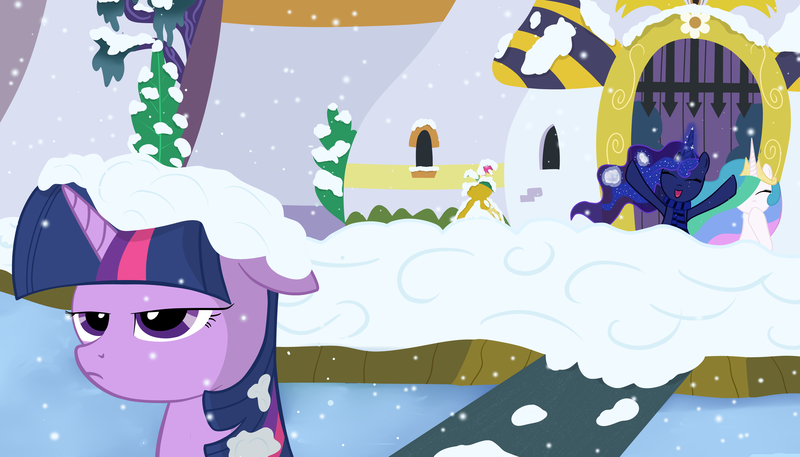 Size: 5500x3141 | Tagged: artist:cpt-firespit, clothes, derpibooru import, princess celestia, princess luna, safe, scarf, snow, snowball, snowball fight, snowfall, twilight is not amused, twilight sparkle, unamused