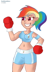 Size: 3480x4768 | Tagged: artist:scobionicle99, belly button, boxer, boxing, clothes, cutie mark, derpibooru import, human, humanized, light skin, midriff, rainbow dash, safe, solo, sports bra