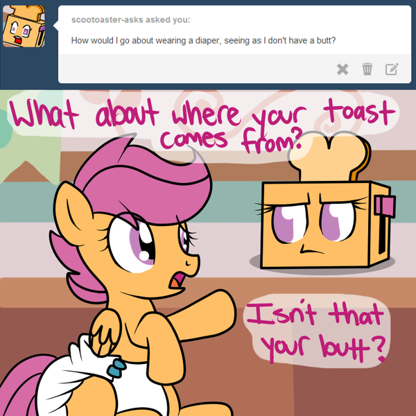 Size: 800x800 | Tagged: artist:fillyscoots42, ask crinkleloo, crinkleloo, diaper, diaper fetish, inanimate tf, poofy diaper, questionable, scootaloo, scootoaster, self ponidox, transformation