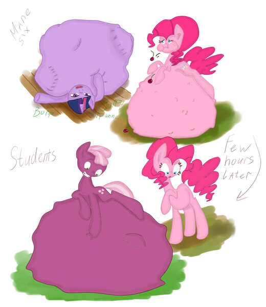 Size: 887x1024 | Tagged: questionable, semi-grimdark, artist:pony pudge, derpibooru import, cheerilee, pinkie pie, twilight sparkle, twilight sparkle (alicorn), alicorn, pony, cherry, digestion, female, fetish, implied death, mane six, mare, multiple prey, pinkie pred, post-vore, twipred, vore