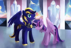 Size: 1024x695 | Tagged: safe, artist:jiayi, derpibooru import, twilight sparkle, twilight sparkle (alicorn), oc, oc:zephyr, alicorn, pegasus, pony, canon x oc, female, grin, male, mare, mouth hold, smiling, spread wings, straight, twiphyr