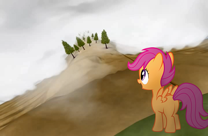 Size: 720x469 | Tagged: artist needed, safe, derpibooru import, edit, scootaloo, oc, oc:trees, pegasus, pony, cliff, parody, smiling, solo