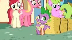 Size: 969x545 | Tagged: daisy, derpibooru import, flower wishes, lily, lily valley, popcorn, roseluck, safe, screencap, spike, the cutie pox