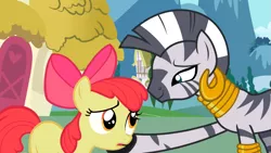 Size: 969x545 | Tagged: safe, derpibooru import, screencap, apple bloom, zecora, earth pony, pony, zebra, the cutie pox, duo, ear piercing, earring, female, filly, hoof on cheek, jewelry, leg rings, mare, neck rings, out of context, piercing