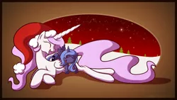 Size: 2131x1199 | Tagged: safe, artist:bigponymac, derpibooru import, princess celestia, princess luna, alicorn, pony, christmas, cute, cutelestia, eyes closed, female, filly, hat, mare, santa hat, sisters, smiling, snow, woona