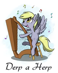 Size: 800x1001 | Tagged: safe, artist:joieart, derpibooru import, derpy hooves, pegasus, pony, female, harp, mare, music notes, musical instrument, playing, sitting, solo, stool, upside down