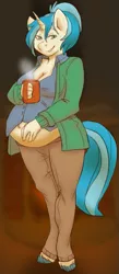 Size: 411x942 | Tagged: allie way, anthro, artist:muh-arts, artist:vella, belly, belly button, big belly, clothes, coffee, colored, derpibooru import, looking at you, pregnant, safe, solo