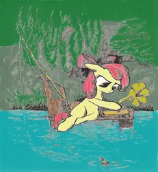 Size: 986x1069 | Tagged: apple bloom, artist:digitalpheonix, artist:mcstalins, colored, fishing, fishing rod, gramophone, safe, solo, water