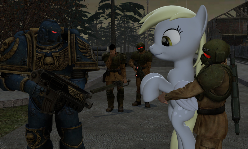 Size: 1280x768 | Tagged: safe, artist:casdin, derpibooru import, derpy hooves, pony, 3d, facepalm, gmod, holding a pony, imperial guard, space marine, trigger discipline, ultramarine, ultrasmurf, warhammer (game), warhammer 40k