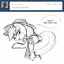 Size: 658x662 | Tagged: apple, applejack, applejack-kor, ask, covering, cowboy hat, cutie mark, derpibooru import, dialogue, eyelashes, food, freckles, hair tie, hat, korean, looking back, monochrome, ponytail, safe, sketch, solo, speech bubble, tail band, tail covering, tumblr