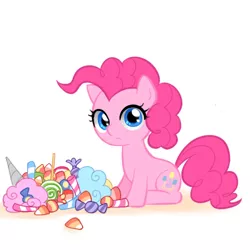 Size: 500x500 | Tagged: artist:apzzang, ask-grow-pinkie, candy, cotton candy, cute, derpibooru import, diapinkes, filly pinkie pie, food, lollipop, looking at you, pinkie pie, safe, solo