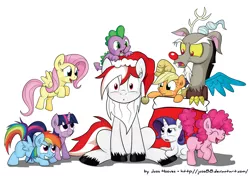 Size: 1772x1253 | Tagged: applejack, artist:jcosneverexisted, baby spike, christmas, christmas stocking, derpibooru import, discord, filly, fluttershy, mane seven, mane six, oc, oc:peruvian earth, pinkie pie, ponified, rainbow dash, rarity, red nose, safe, santa claus, spike, twilight sparkle