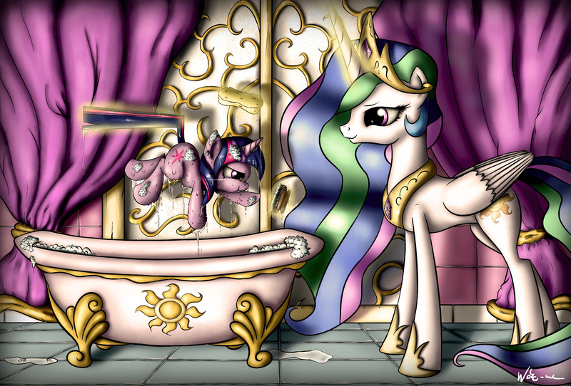 Size: 3840x2600 | Tagged: safe, artist:neko-me, derpibooru import, princess celestia, twilight sparkle, alicorn, pony, unicorn, :t, bath, brush, cute, female, filly, filly twilight sparkle, forced bathing, glare, hanging by tail, image, jpeg, magic, mare, momlestia, pouting, prehensile tail, smiling, sponge, tail, tail hold, tail pull, twiabetes, twilight is not amused, unamused, wet mane