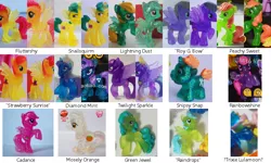 Size: 850x510 | Tagged: safe, derpibooru import, diamond mint, fluttershy, green jewel, lightning dust, mosely orange, peachy sweet, princess cadance, purple waters, rainbowshine, snails, snips, strawberry sunrise, sunshower raindrops, trixie, twilight sparkle, twilight sparkle (alicorn), uncle orange, alicorn, pony, apple family member, blind bag, female, irl, mare, photo, prototype, snailsquirm, snipsy snap, taobao, toy