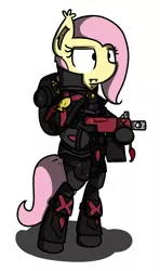 Size: 1300x2200 | Tagged: safe, artist:kippzu, derpibooru import, fluttershy, ponified, bat pony, pony, /mlp/, bat ponified, bipedal, blood angels, bolter, crossover, death company, drawfag, drawfriend, drawthread, flutterbat, gun, power armor, powered exoskeleton, race swap, solo, space marine, warhammer (game), warhammer 40k, weapon