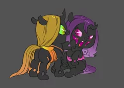 Size: 788x560 | Tagged: artist:carnifex, changeling, changeling oc, changeling queen, changeling queen oc, derpibooru import, female, filly, gray background, nymph, oc, oc:ambrosia, oc:miasma, plot, purple changeling, safe, simple background, unofficial characters only, yellow changeling, younger