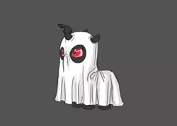 Size: 810x580 | Tagged: 2spooky, artist:carnifex, bedsheet ghost, changeling, changeling oc, changeling queen, changeling queen oc, clothes, costume, cute, derpibooru import, female, filly, ghost, gray background, oc, oc:calliphora, red changeling, safe, sheet, simple background, solo, unofficial characters only, younger
