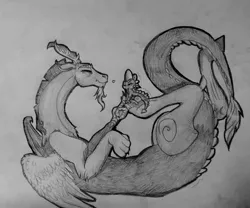 Size: 2849x2369 | Tagged: artist:themoonraven, derpibooru import, discord, dispike, gay, heart, interspecies, male, monochrome, safe, shipping, spike, traditional art