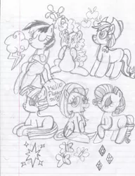 Size: 784x1020 | Tagged: applejack, artist:toon-n-crossover, cutie mark, derpibooru import, fluttershy, generosity, honesty, kindness, laughing, loyalty, magic, mane six, monochrome, pinkie pie, rainbow dash, rarity, reference sheet, requested art, safe, sketch dump, speech bubble, twilight sparkle