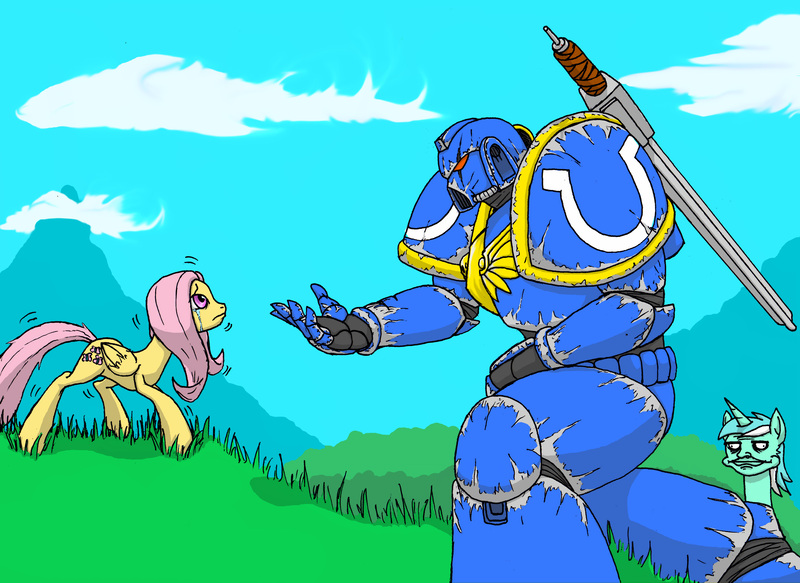 Size: 4668x3400 | Tagged: artist needed, crossover, crying, derpibooru import, fluttershy, lyra heartstrings, me gusta, power armor, powered exoskeleton, power sword, safe, space marine, spess mahreen, ultramarine, ultrasmurf, warhammer 40k, warhammer (game)