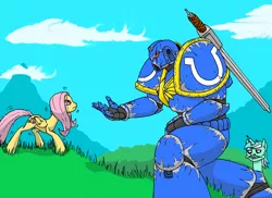 Size: 4668x3400 | Tagged: artist needed, crossover, crying, derpibooru import, fluttershy, lyra heartstrings, me gusta, power armor, powered exoskeleton, power sword, safe, space marine, spess mahreen, ultramarine, ultrasmurf, warhammer 40k, warhammer (game)