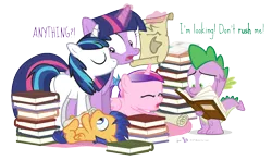 Size: 1020x600 | Tagged: safe, artist:dm29, derpibooru import, flash sentry, princess cadance, shining armor, spike, twilight sparkle, twilight sparkle (alicorn), alicorn, pony, age regression, blank flank, book, colt, cute, eyes closed, female, filly, frown, julian yeo is trying to murder us, magic, mare, on back, open mouth, prone, scroll, simple background, smiling, telekinesis, transparent background, wide eyes