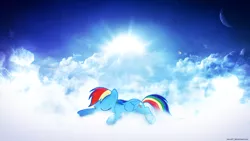 Size: 1920x1080 | Tagged: artist:romus91, artist:stinkehund, cloud, cloudy, derpibooru import, lens flare, moon, rainbow dash, safe, sleeping, sunset, vector, wallpaper