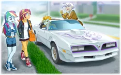 Size: 1200x750 | Tagged: safe, artist:uotapo, derpibooru import, gilda, lightning dust, rainbow dash, sunset shimmer, equestria girls, angry, backpack, belly button, bike shorts, car, cigarette, clothes, converse, equestria girls-ified, female, grass, jacket, looking at each other, midriff, miniskirt, open mouth, pontiac firebird, shirt, shoes, shorts, skirt, smoking, sneakers, socks