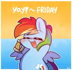 Size: 900x880 | Tagged: safe, artist:lifeloser, derpibooru import, rainbow dash, pegasus, pony, backwards cutie mark, chibi, cider, cider dash, dashaholic, drunk, drunker dash, eyes closed, female, friday, open mouth, solo, text, yay