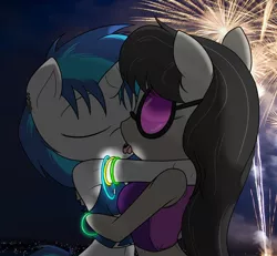 Size: 1100x1018 | Tagged: suggestive, artist:sandwich-anomaly, derpibooru import, octavia melody, vinyl scratch, anthro, accessory swap, belly button, breasts, female, fireworks, french kiss, glowstick, hug, kissing, lesbian, midriff, scratchtavia, shipping, symmetrical docking