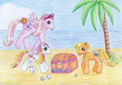 Size: 1024x715 | Tagged: artist:normaleeinsane, beach, chest, derpibooru import, g3, hidden treasure, honolu-loo, ocean dreamer, palm tree, safe, traditional art, treasure chest, tree