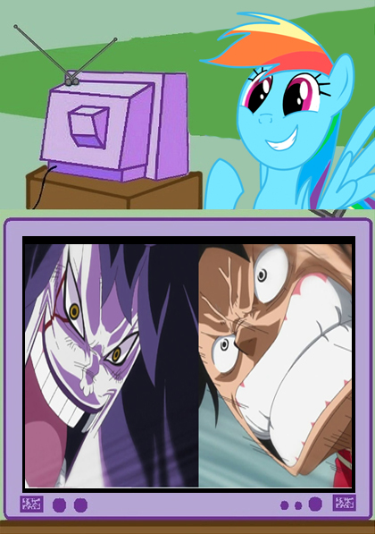 Size: 420x597 | Tagged: safe, derpibooru import, rainbow dash, caesar clown, epic, exploitable meme, fight, meme, monkey d luffy, obligatory pony, ohmygosh, one piece, tv meme