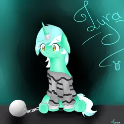 Size: 1024x1024 | Tagged: artist:tanee13, ball and chain, clothes, derpibooru import, horn ring, lyra heartstrings, magic suppression, prisoner, prison outfit, prison stripes, sad, safe, shackles, solo