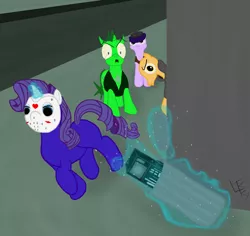 Size: 1500x1413 | Tagged: artist:php21, city, crossover, derpibooru import, discord, friday the 13th, hockey mask, jason, jason voorhees, manehattan, oc, punk, rarity, rarity takes manehattan, safe, stereo, street