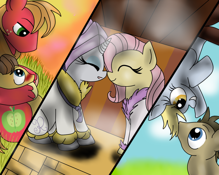 Size: 1000x800 | Tagged: safe, artist:muketti, derpibooru import, big macintosh, caramel, derpy hooves, doctor whooves, fluttershy, rarity, time turner, pegasus, pony, caramac, doctorderpy, female, flarity, gay, lesbian, male, mare, shipping, straight